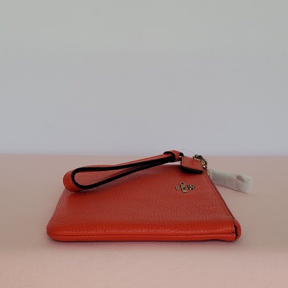 COACH Small Wristlet in Polished Pebbled Leather -Red Orange - Picture 10 of 16